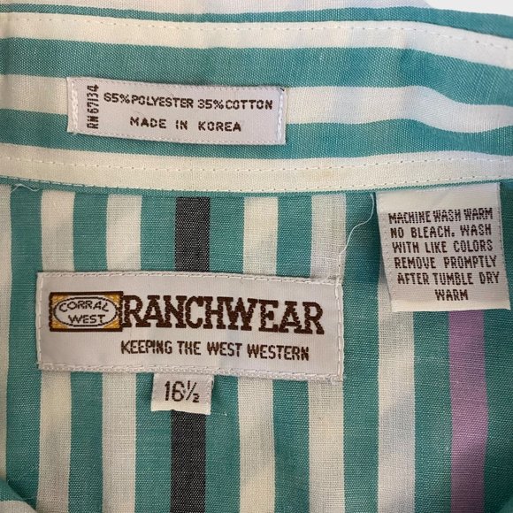 Vintage Ranchwear Western Pearl Snap Shirt Mens 16 1/2 Green Stripe Short Sleeve - Picture 10 of 12